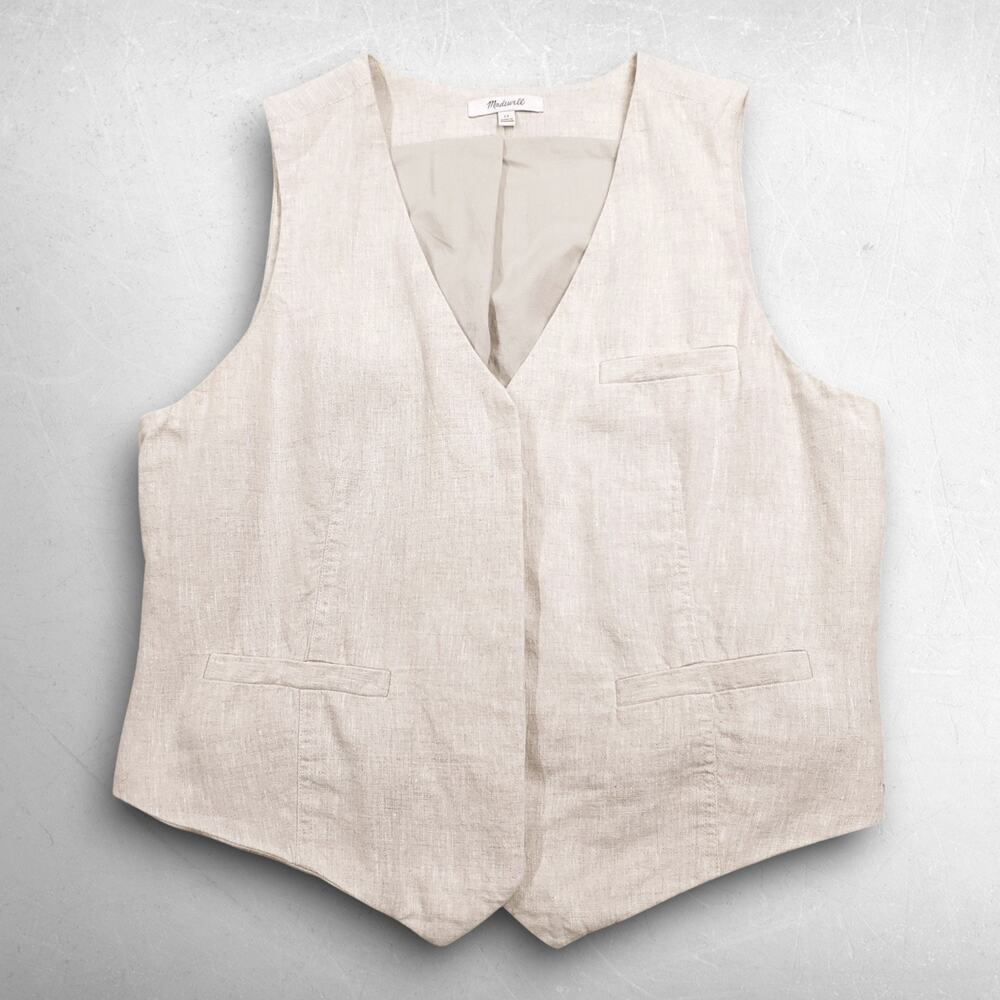 Madewell Single Breasted Vest Women 12‎ Tan 100% Linen Hidden Buttons Minimalist